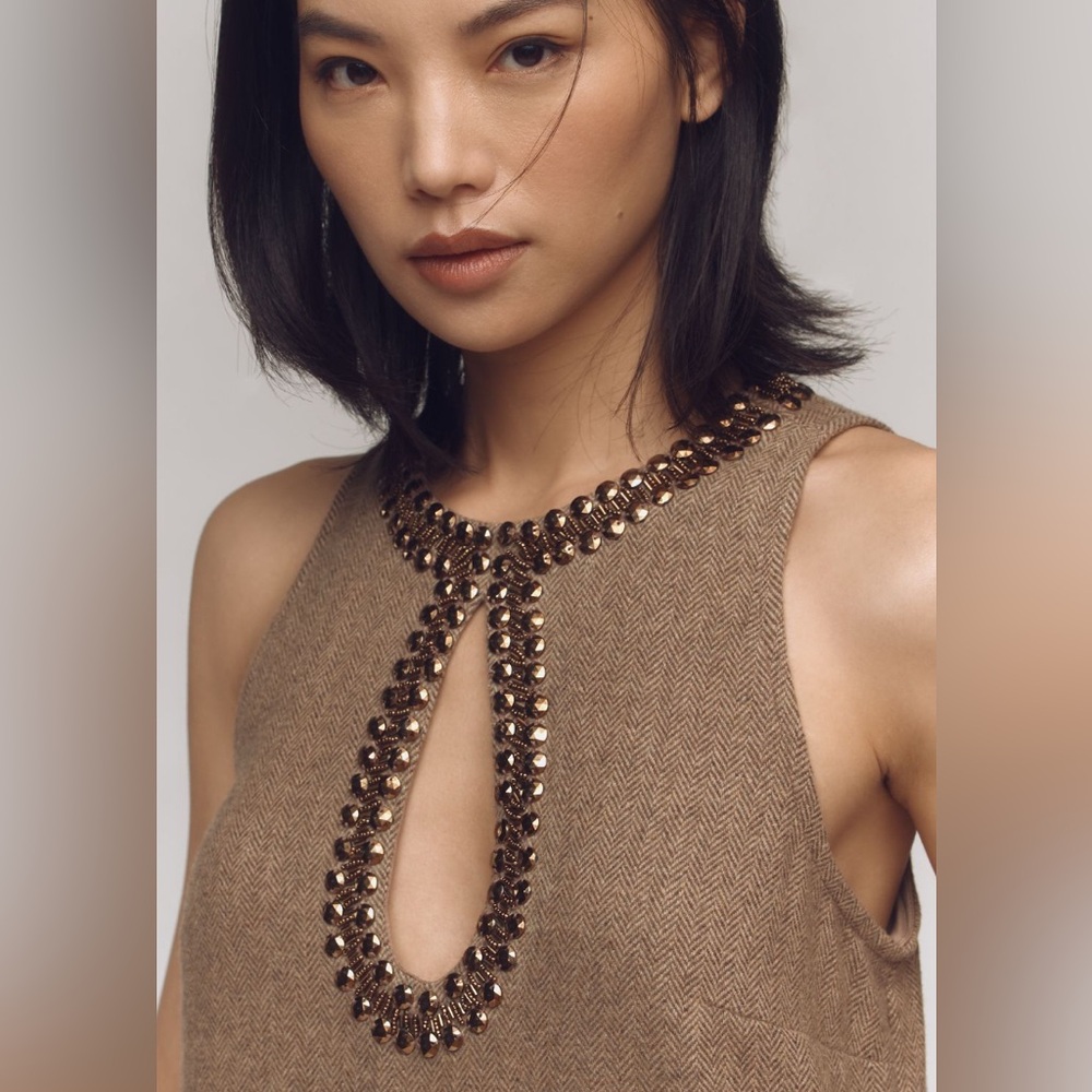 ✨ Anthropologie Beaded Keyhole Sleeveless Mini Dress Sz M - Picture 4 of 8